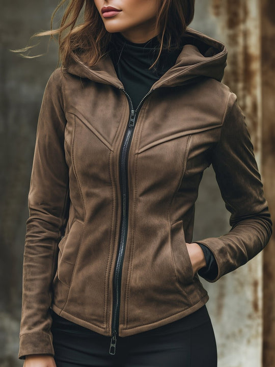 Stylish Waist-cinched Double Zipper Hooded Suede Jacket