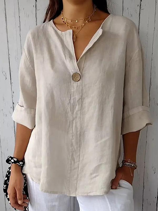 V-neck Cotton and Linen Buttoned Loose T-shirt