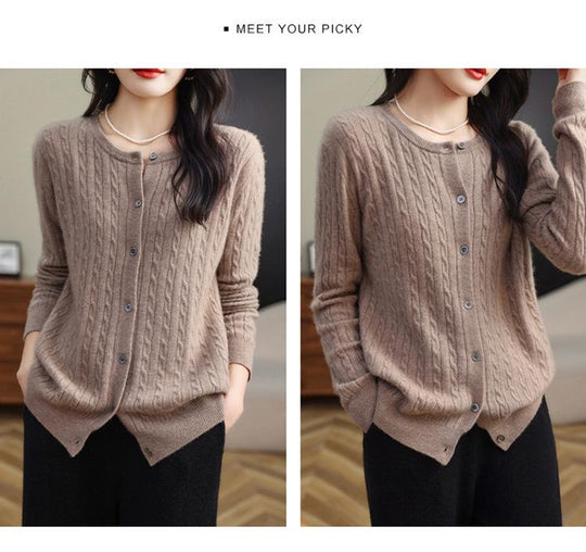 Fashion Round Neck Slim Fit Cable Knit Cardigan