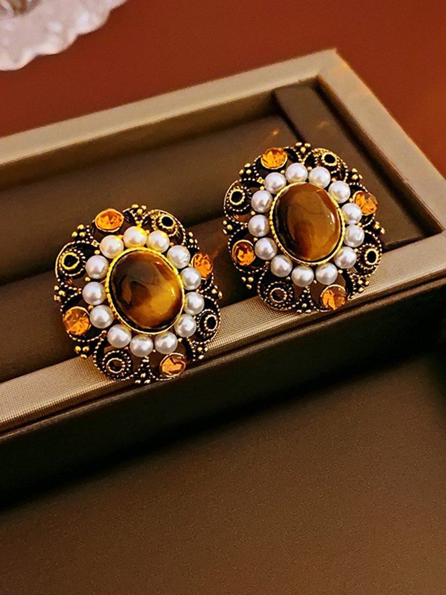 Vintage Silver Needle Diamond Oval Tiger Eye Pearl Earrings