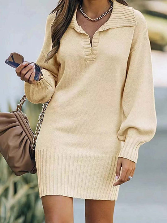 Women's Lapel Lantern Sleeve Knit Bodycon