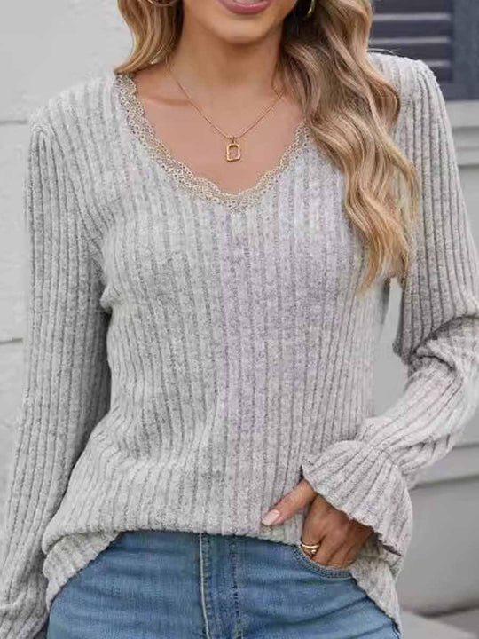 Ribbed Lace Collar Long-sleeved Bottoming Sweater