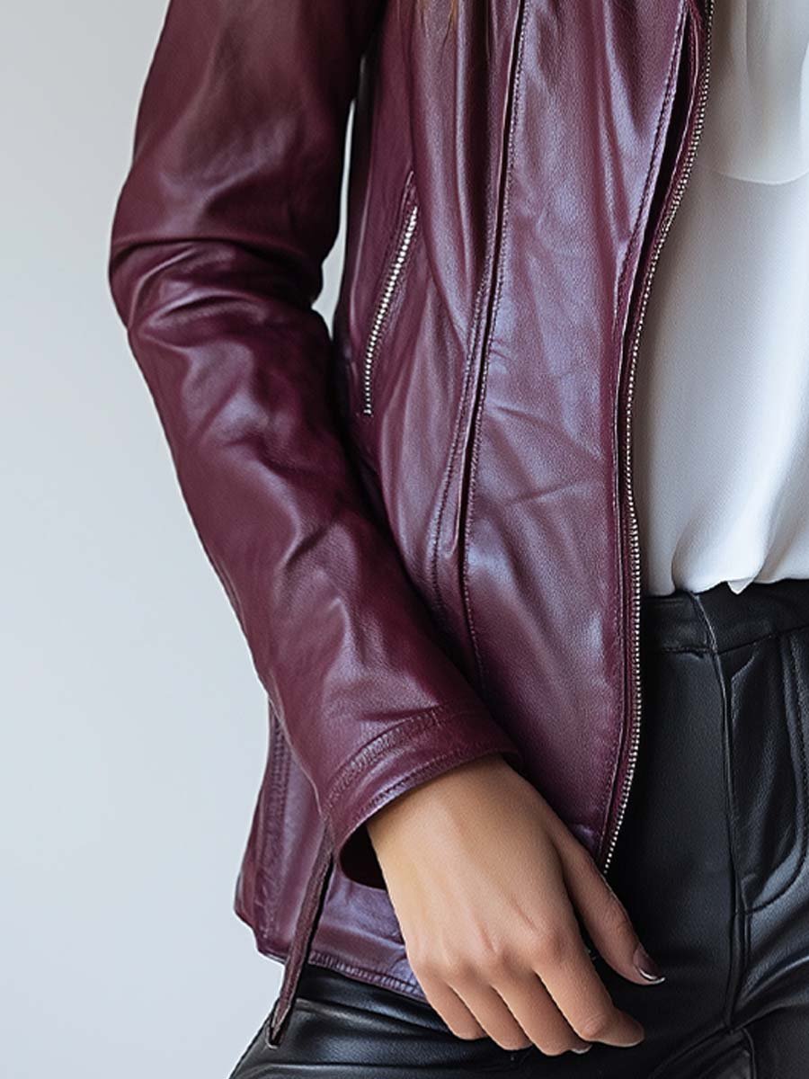 Women's Vintage Burgundy Zipper Leather Jacket