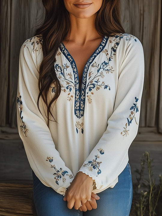 Ethnic Lace Trim Floral Embroidery Velvet Top