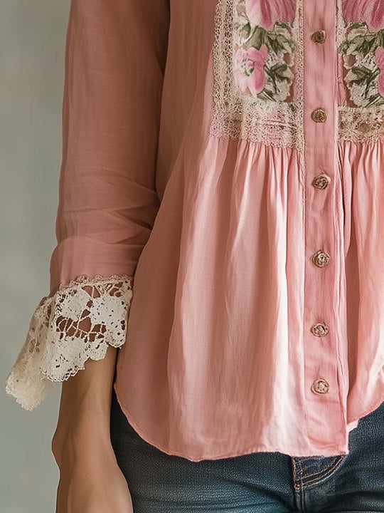 Retro Flower Lace Cotton Linen Blouse