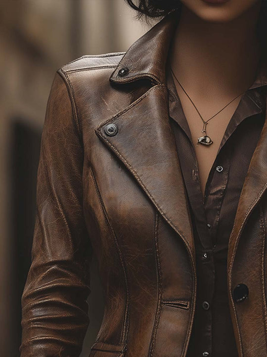 Women's Vintage Lapel Pocket Leather Jacket