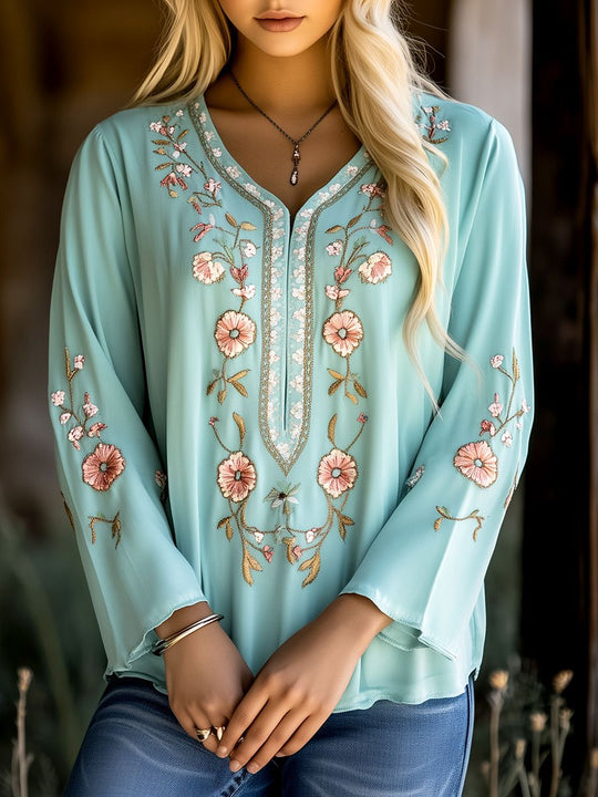 Boho V-neck Flower Embroidery Loose Blouse