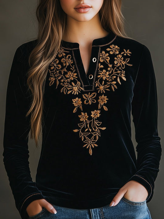 Vintage Henley Collar Golden Embroidery Velvet T-shirt