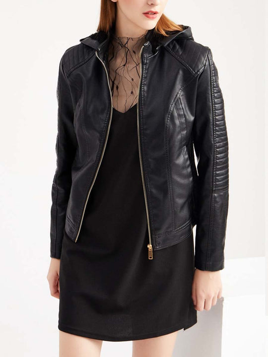 Women's Thick Hooded Warm Leather Jacket