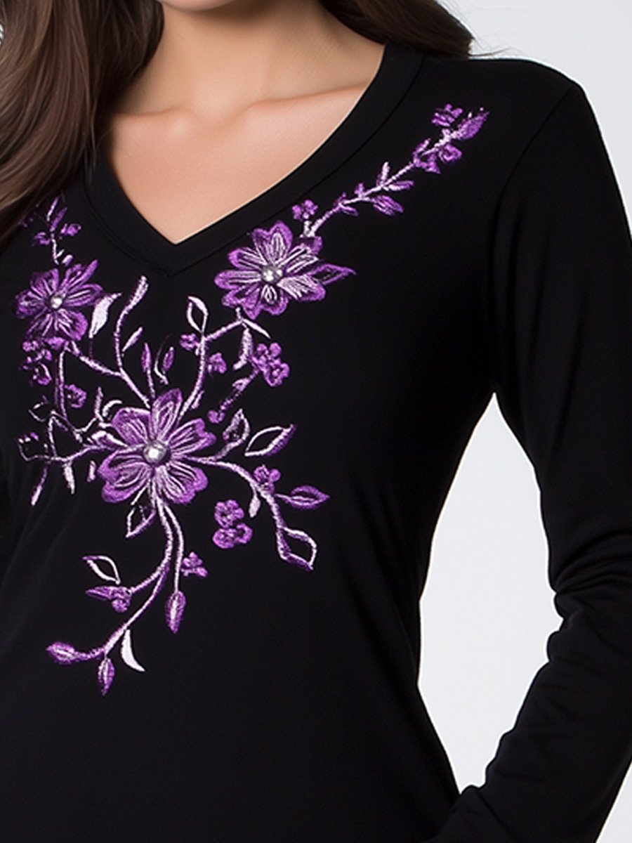 Casual V-neck Pure Cotton Embroidered Slim Fit Long Sleeve T-shirt