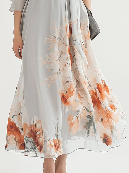 Elegant V-neck Printed Waisted Double-layered Midi Sleeve Maxi Dress