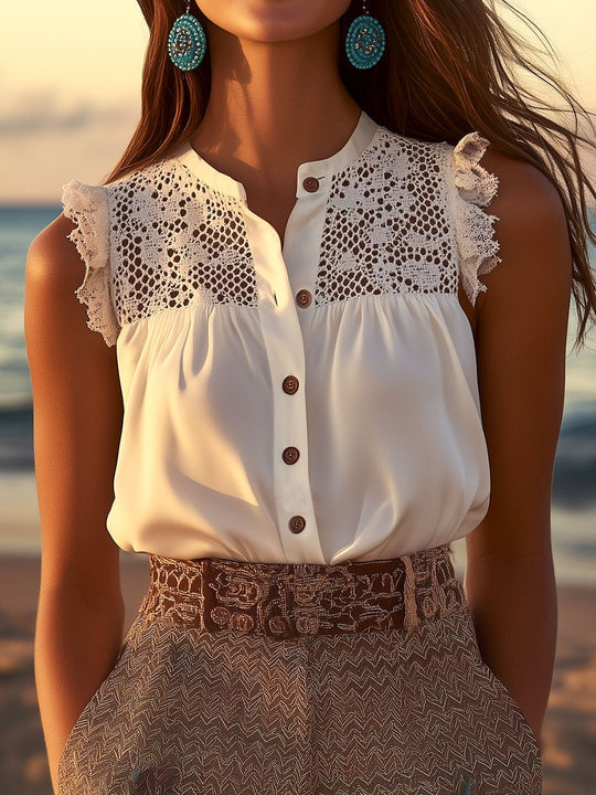 Boho Lace Patchwork Button Down Sleeveless Shirt