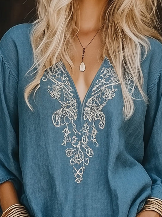 Casual V-neck Cotton and Linen Embroidered Top