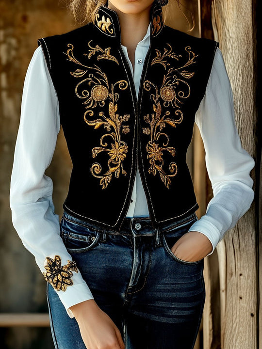 Vintage Golden Embroidery Waist-cinched Suede Waistcoat