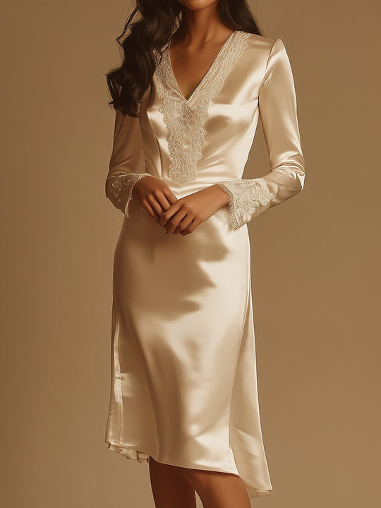 Elegant V-neck Satin Lace Long Sleeve Cocktail Dress