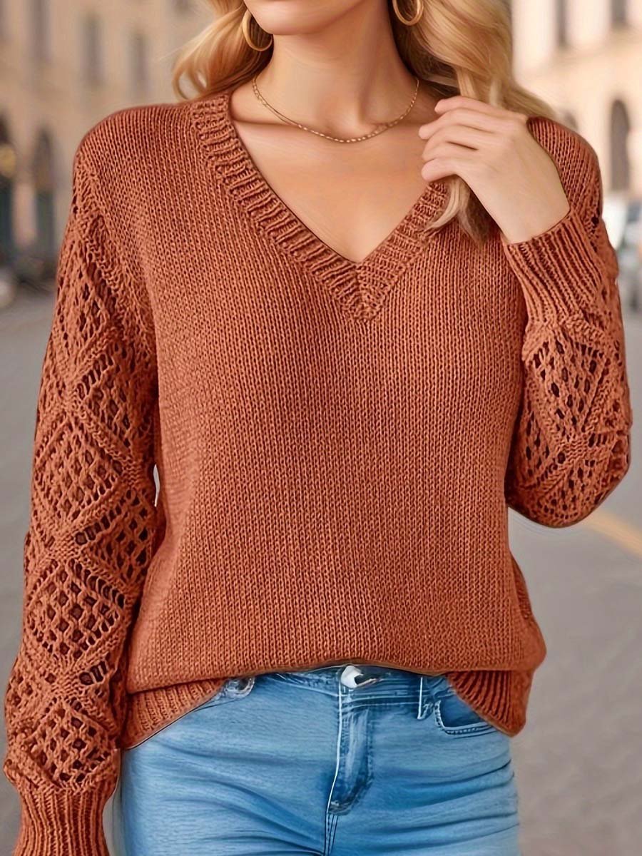 Hollow Jacquard Knit Long Sleeve V-Neck Bottoming Sweater