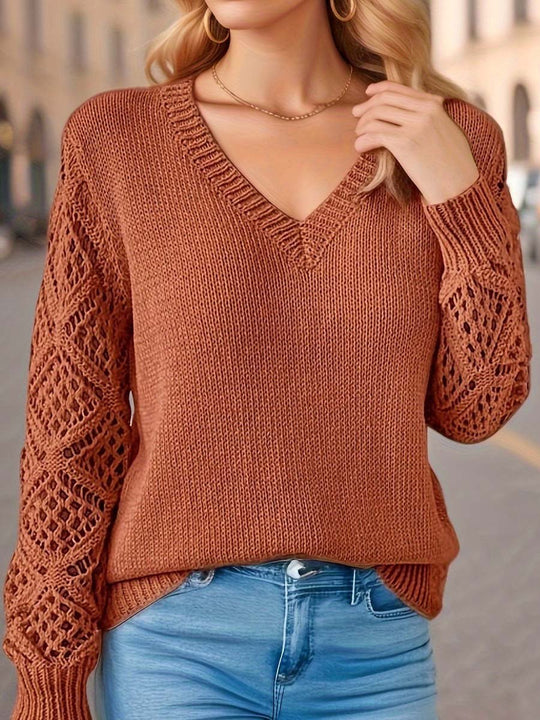 Hollow Jacquard Knit Long Sleeve V-Neck Bottoming Sweater