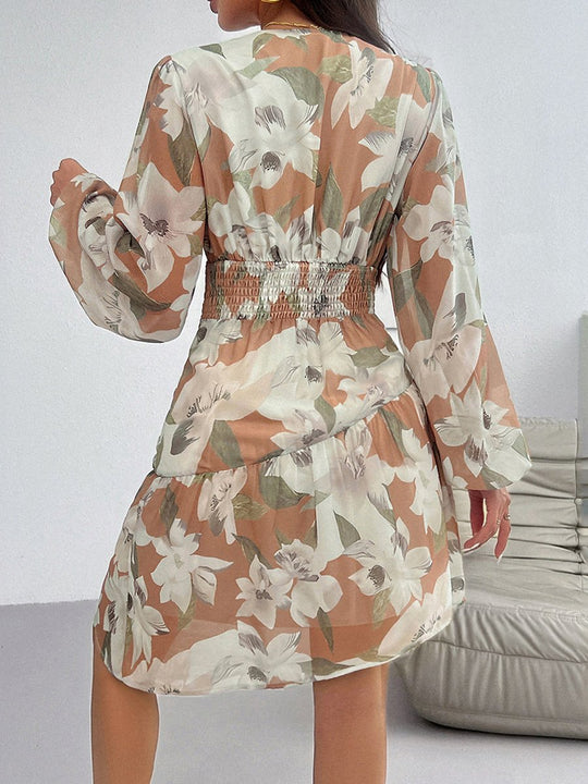 Temperament Casual Printed Waist Long Sleeve Dress