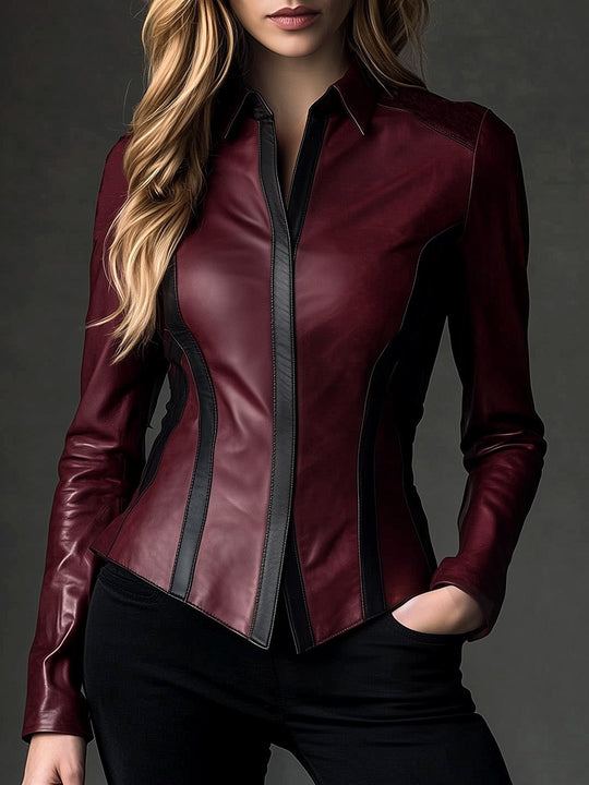 Chic Color-blocking Single-breasted Leather Shirt