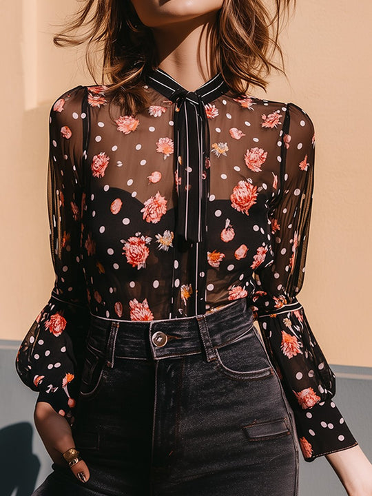 Romantic Transparent Floral Polka Dot Long Sleeve Shirt