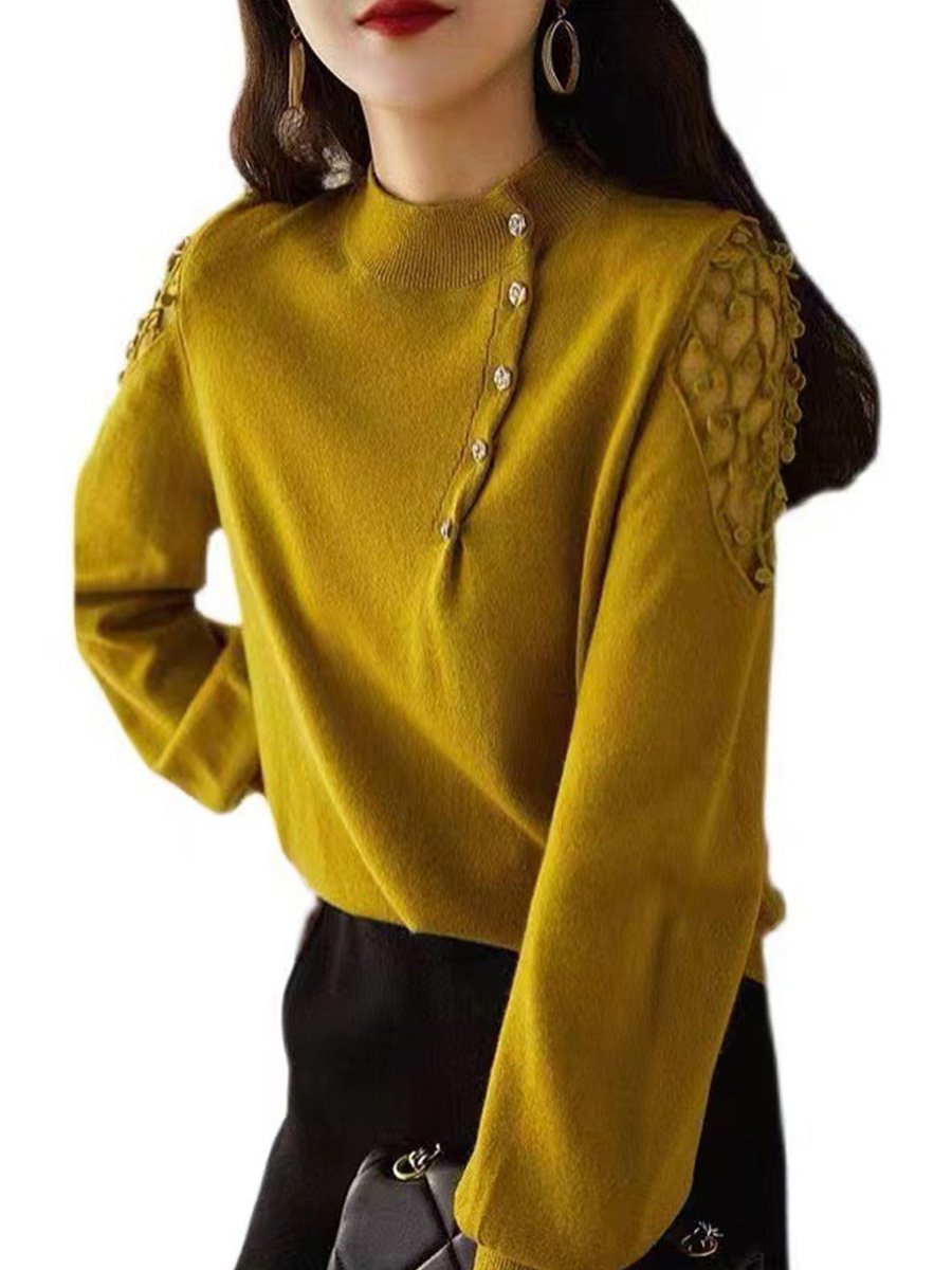 Elegant Metal Buttoned Mesh Lace Wool Sweater