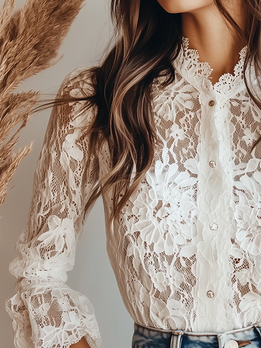 Graceful White Lace High-Neck Blouse