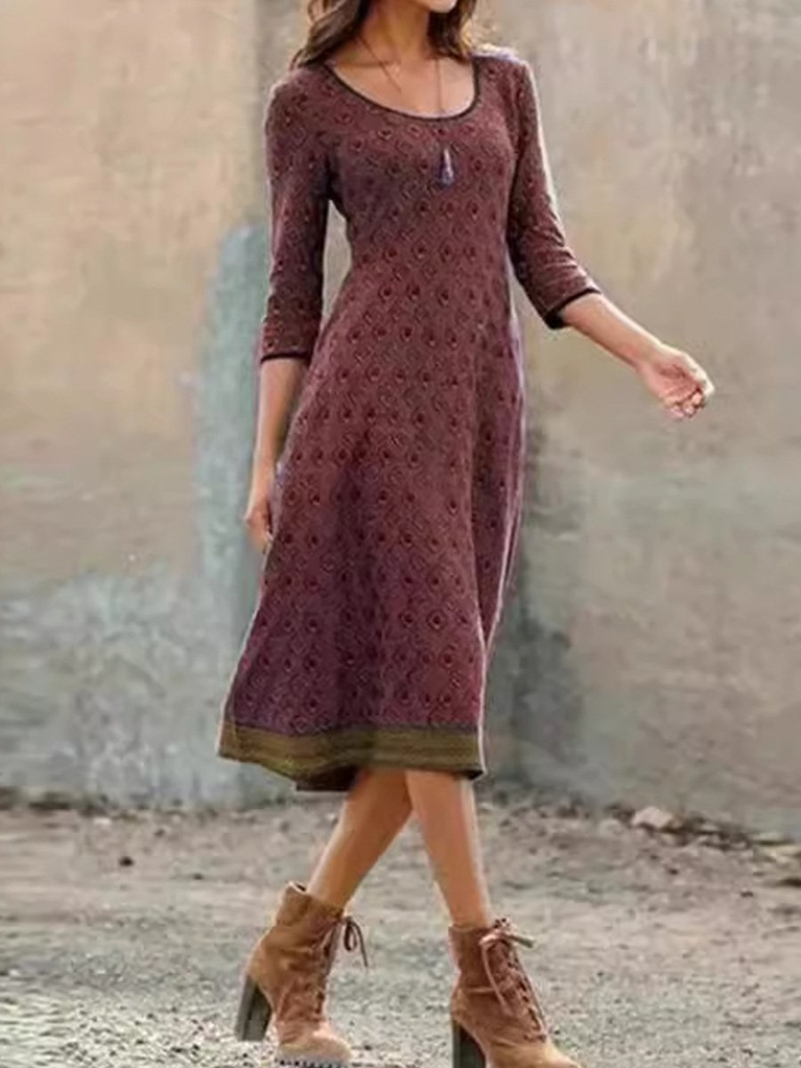 Retro Round Neck Bohemian Style Slim Midi Dress