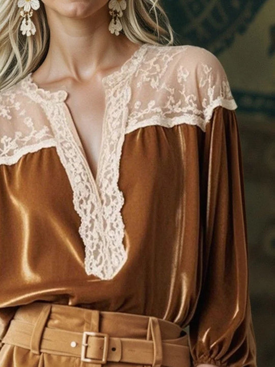 Brown Velvet Lace V-Neck Long Sleeve Shirt