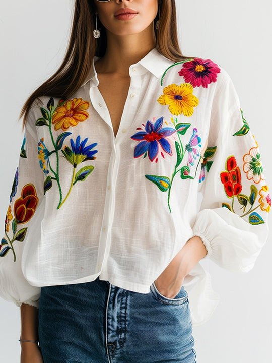 White Embroidered Cotton and Linen Long Sleeve Blouse