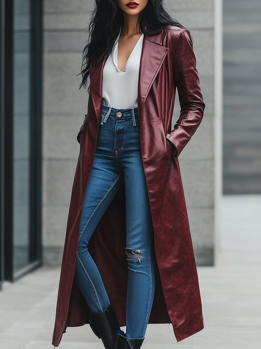 Lapel Vintage Long Leather Coat