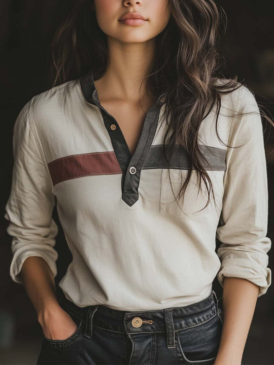 Women's Washed Vintage Striped Henley Shirt