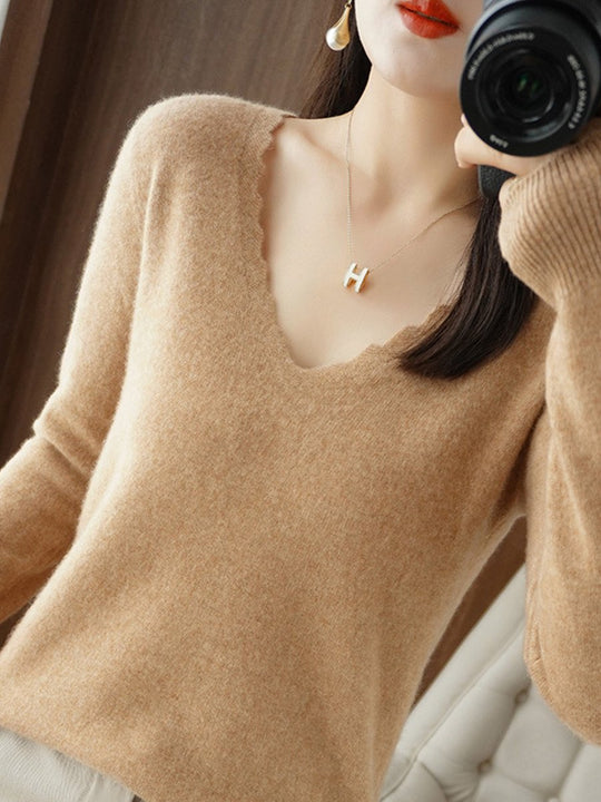 Elegant Lace V-Neck Pullover Warm Solid Color Sweater