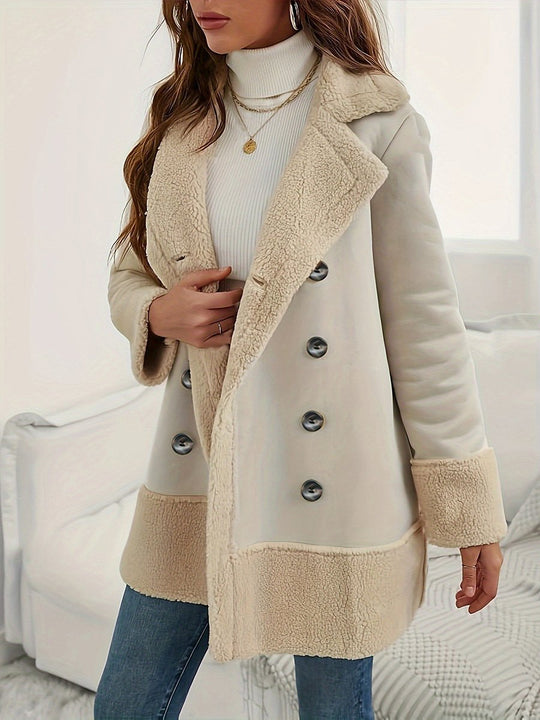 Apricot Lapel Lamb Wool Contrast Long Coat