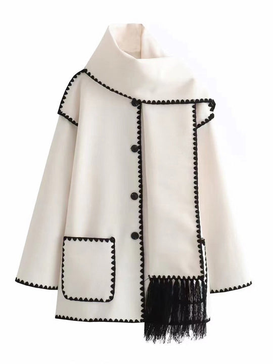 Fashionable Thickened Loose Scarf Tassel Woolen Coat