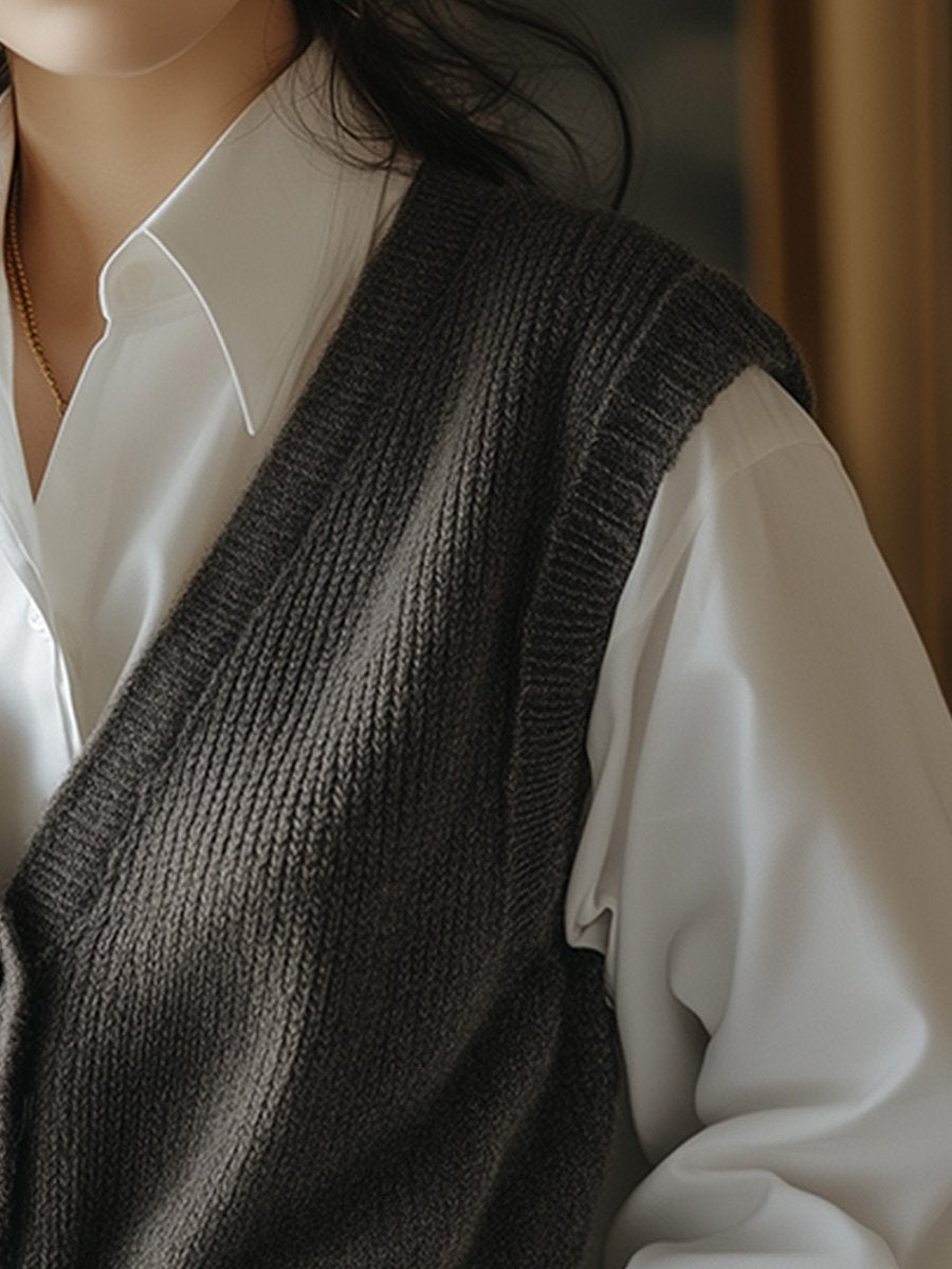 Casual Retro Old Money Style V-neck Wool Knitted Waistcoat