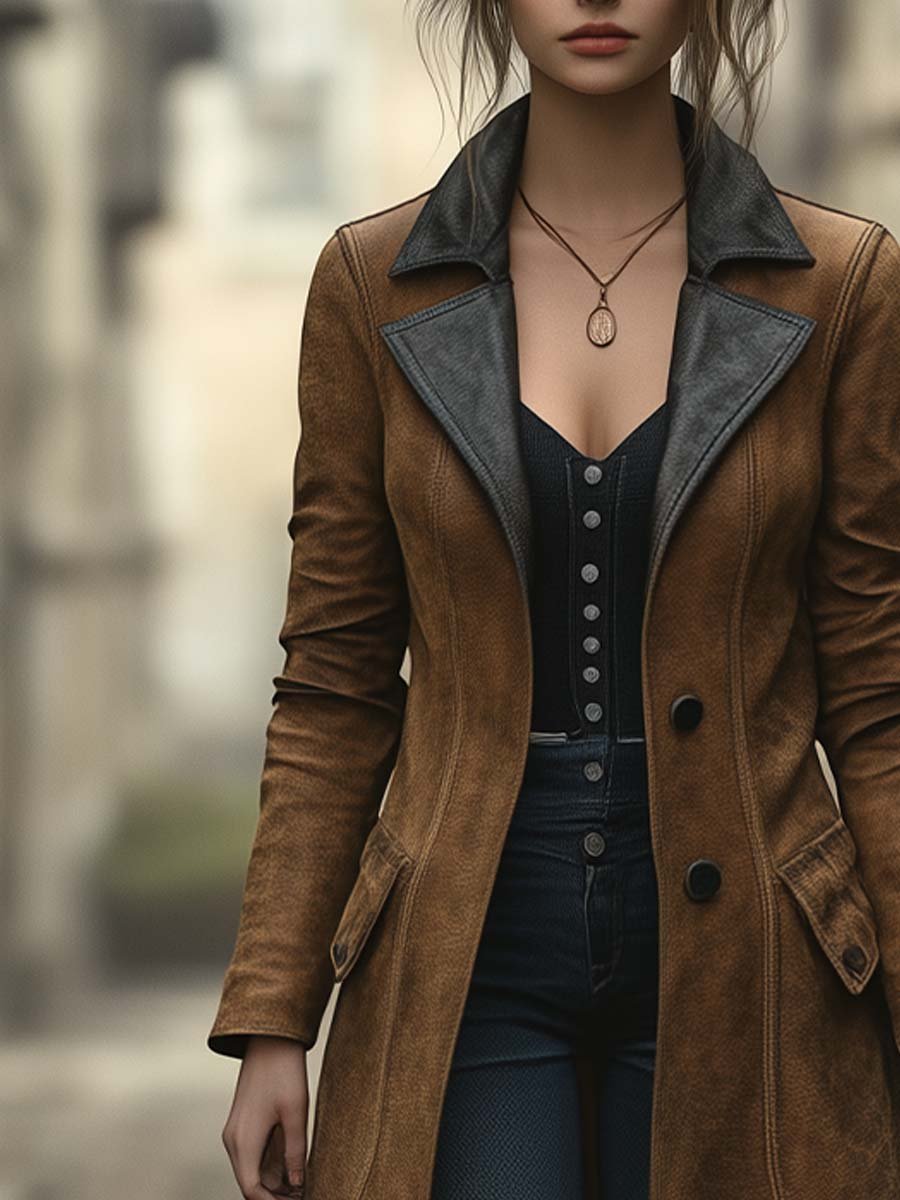 Women's Vintage Suede Slim Fit Long Coat