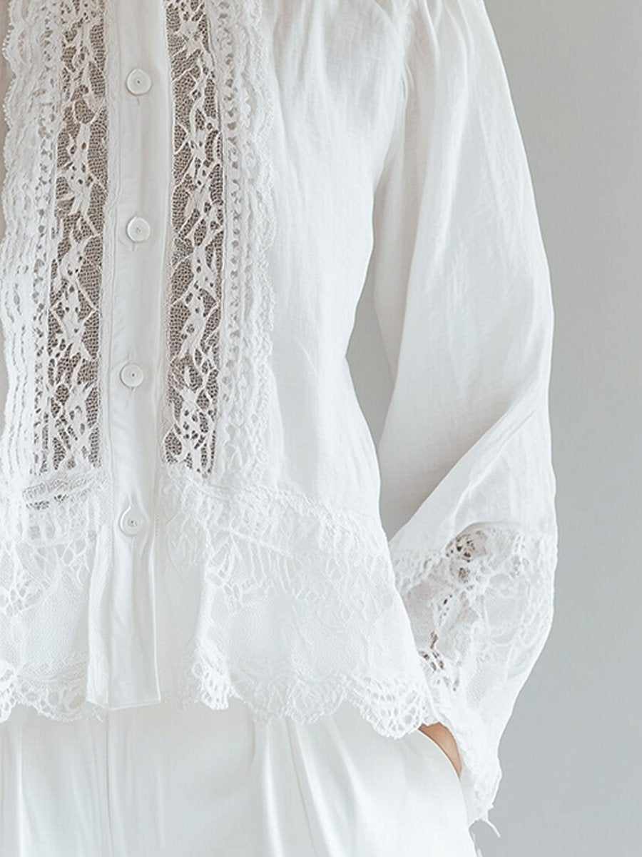 White Stand Collar Lace Hollow Cotton and Linen Long-sleeved Shirt