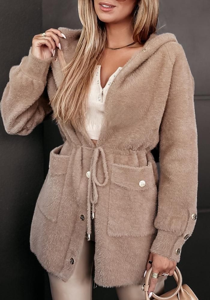 Stylish Metal Button Pockets Hooded Short Fur Coat