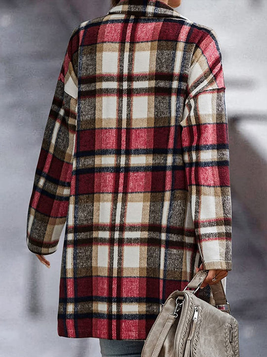 Ladies Lapel Pocket Plaid Wool Coat