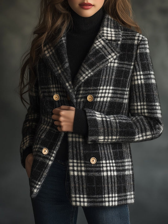 Retro Double-breasted Plaid Pattern Pockets Woolen Jacket