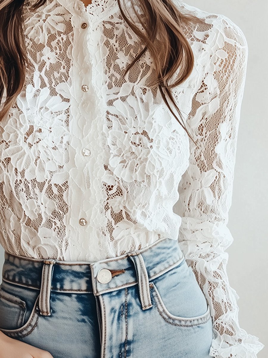 Graceful White Lace High-Neck Blouse