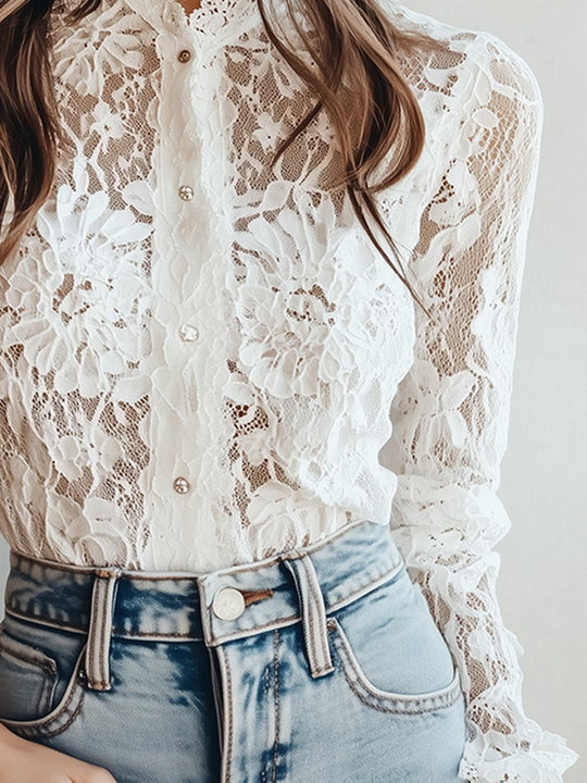 Graceful White Lace High-Neck Blouse