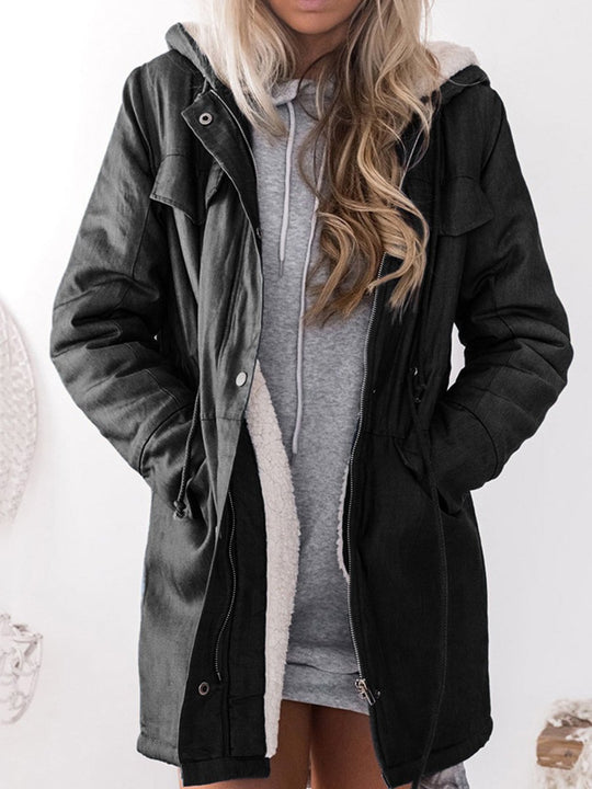 Solid Color Velvet Thickened Hooded Lace-up Zipper Pocket Windbreaker Jacket