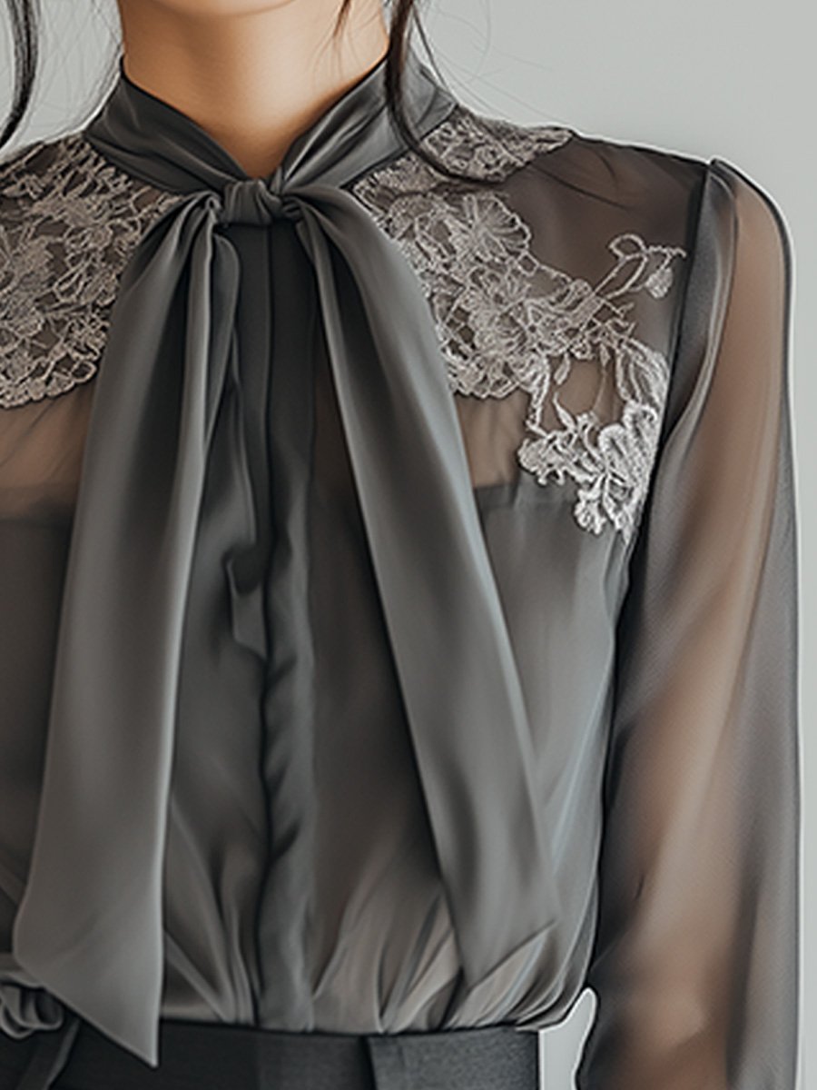 Sophisticated Sheer Lace with Bow-Tie Detail Blouse