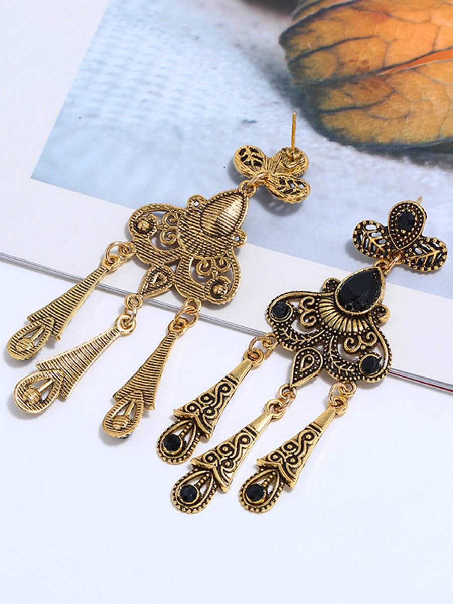 Retro Ethnic Style Hollow Leaf Gemstone Water Drop Tassel Earrings