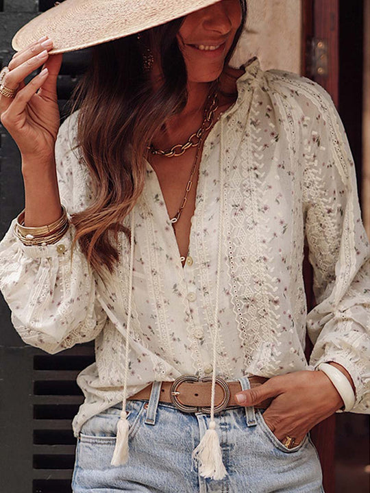 Women's Floral Embroidered Lace Chiffon Blouse