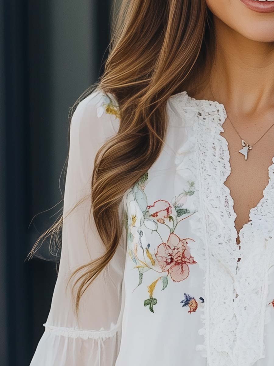 Floral Printed Lace Vintage Blouse