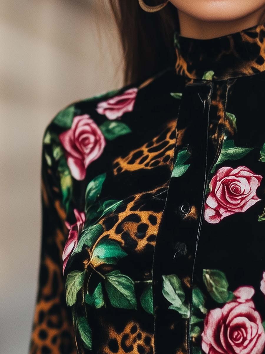 Leopard Floral Print Velvet Blouse