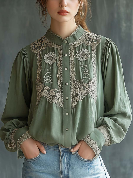 Graceful Green Vintage Blouse with Lace Embroidery