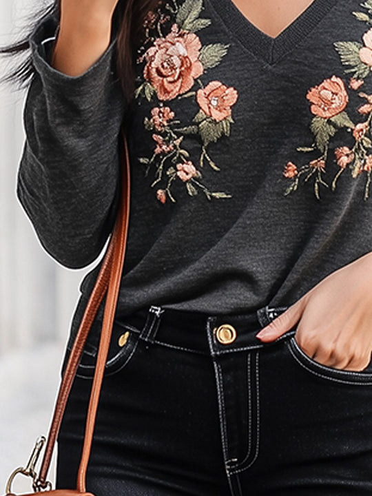 Casual Fashion V-Neck Cotton Floral Embroidery Long Sleeve Top